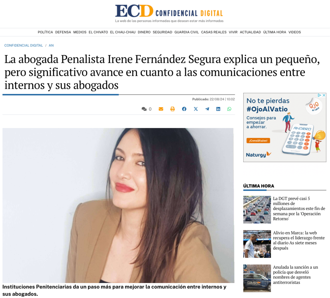 Portada de artículo en El Confidencial Digital sobre avances en las comunicaciones entre internos y abogados