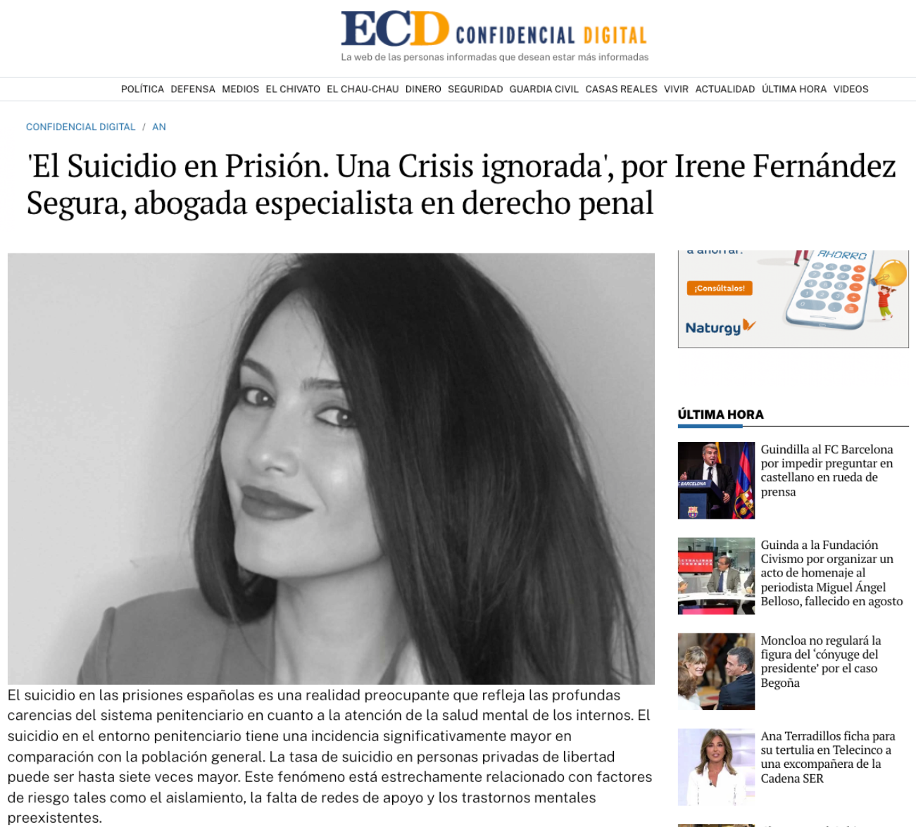 Portada de artículo de El Confidencial sobre El suicidio en prisión.