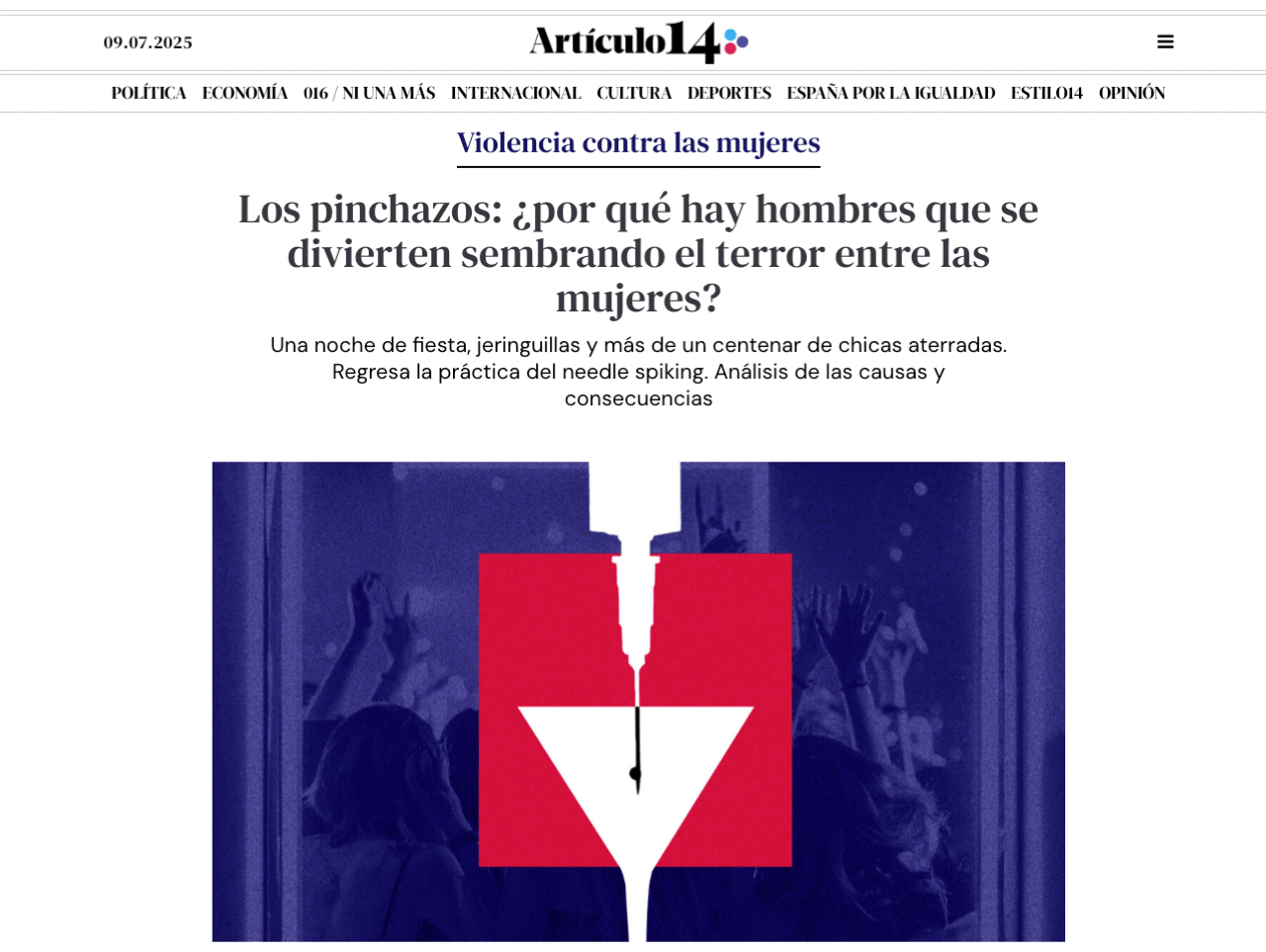 Portada de la entrevista en Artículo 14 sobre la sumisión química