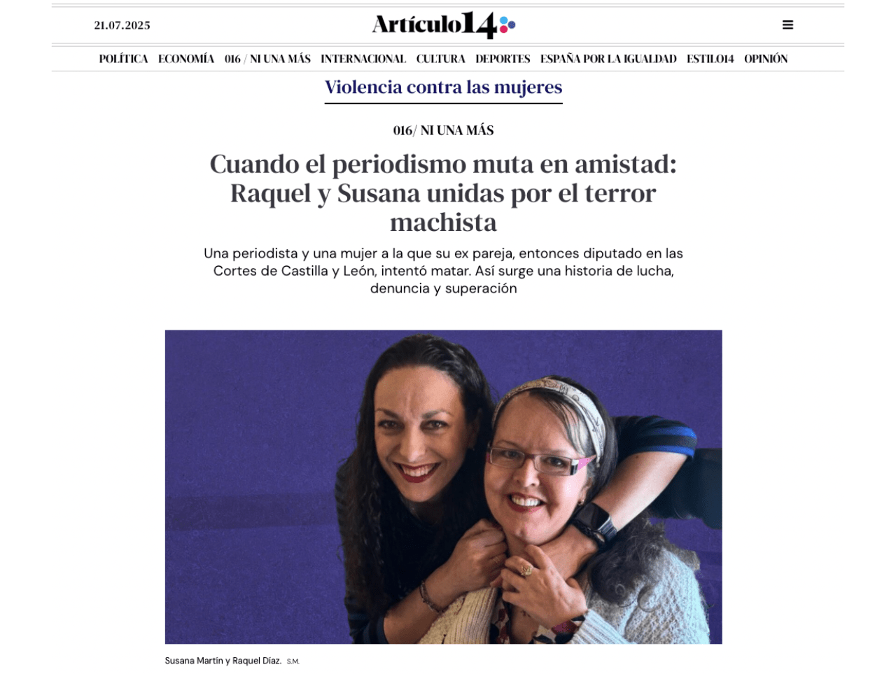 Portada entrevista en Artículo 14 sobre violencia contra las mujeres