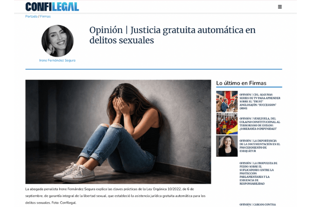 Entrevista en Confilegal sobre la justicia gratuita automática en delitos sexuales.