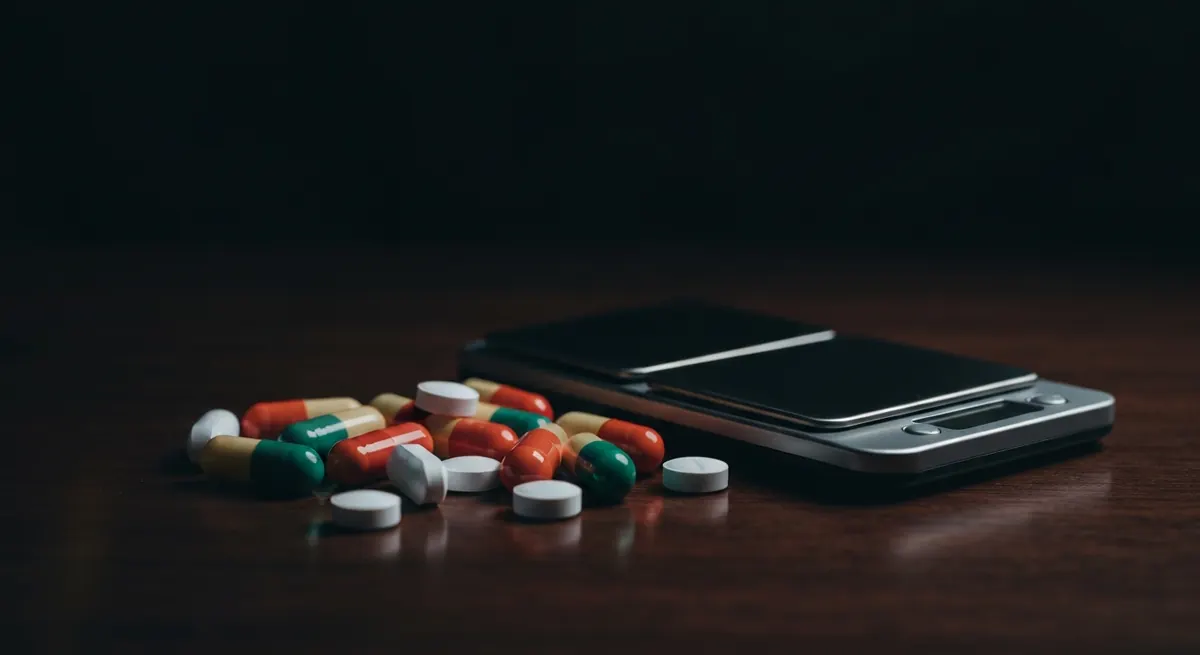 Diferencias entre autoconsumo y tráfico de drogas: pastillas junto a una báscula de precisión sobre una mesa oscura