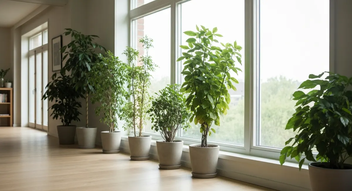 Plantas verdes en macetas junto a una ventana en una vivienda
