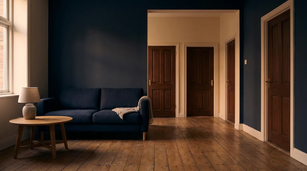 Salón de un piso compartido con tres puertas de habitación cerradas