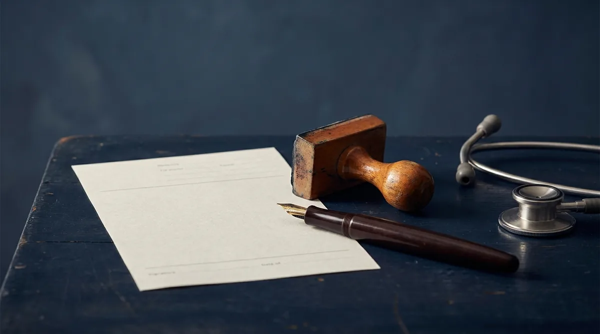 Talonario de recetas médicas y un sello junto a un bolígrafo sobre una mesa