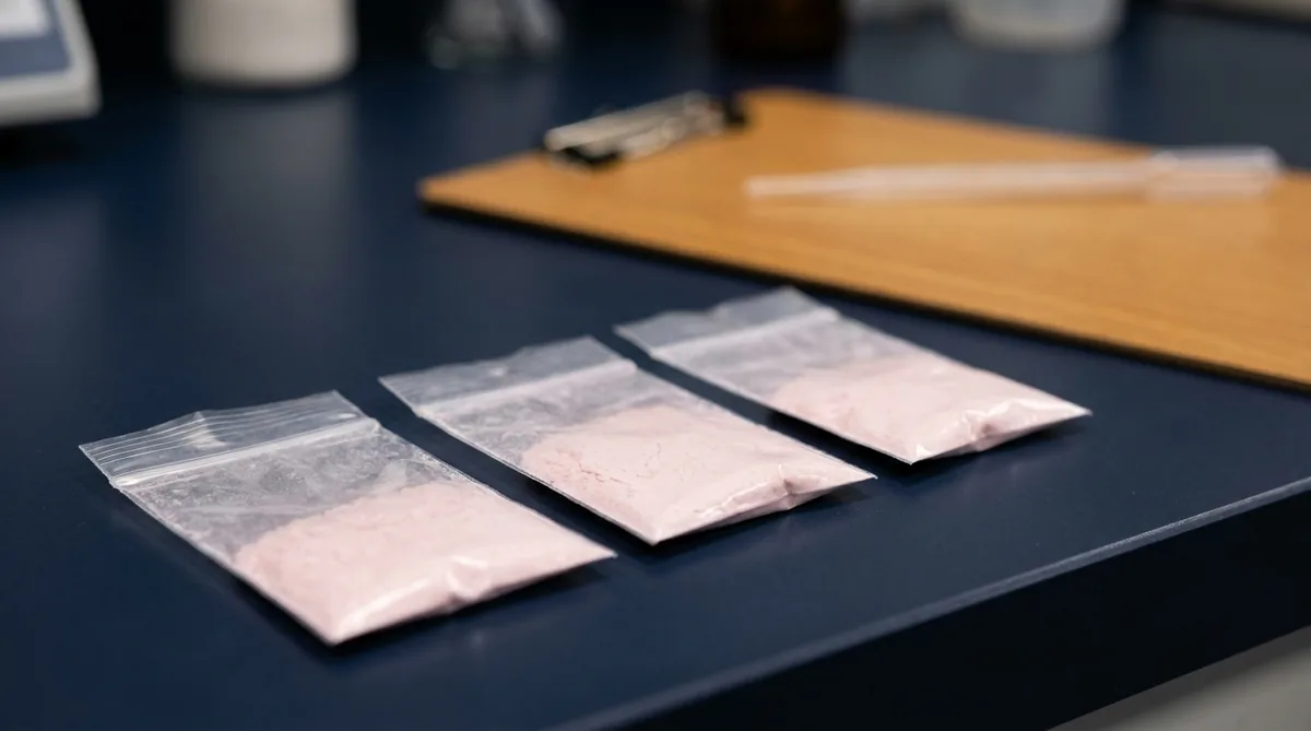 Bolsas de prueba precintadas con polvo rosa sobre una mesa de laboratorio