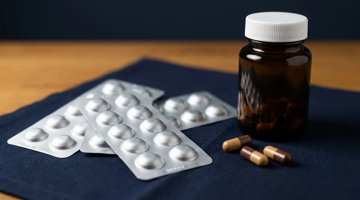 Blísteres de aluminio, cápsulas y frasco de medicamento sobre una mesa