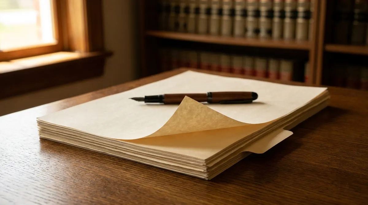 Auto judicial sobre una mesa de despacho con una pluma y libros de derecho procesal al fondo
