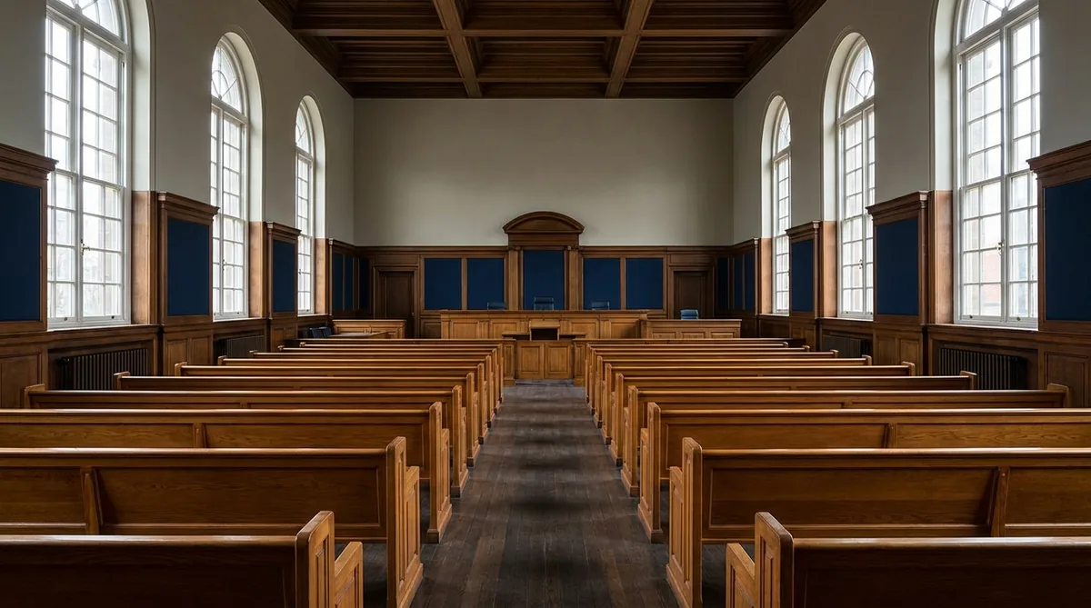Sala de vistas vacía de un tribunal, ilustración del cálculo de la pena por tráfico de drogas