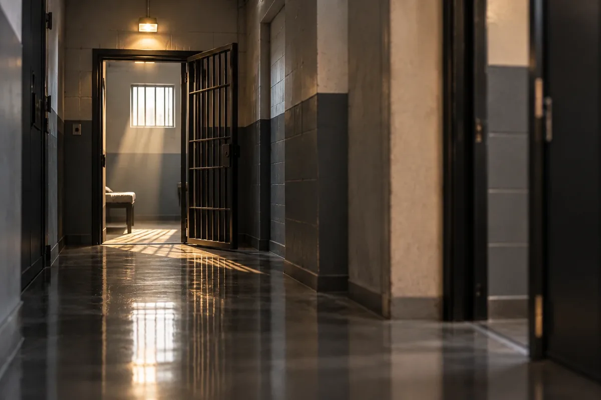 Pasillo de un centro penitenciario con la puerta de una celda abierta y luz al fondo, ilustración sobre la posibilidad de evitar la cárcel por tráfico de drogas