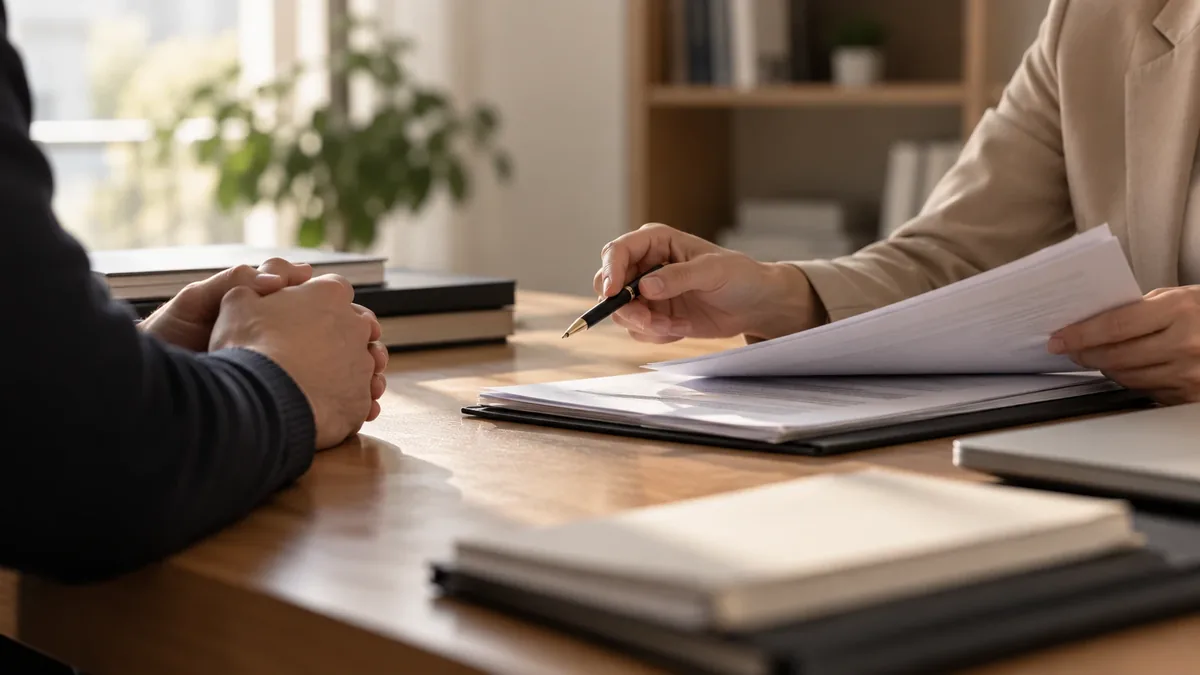 Una persona consulta con una abogada penalista que revisa la documentación del caso con un bolígrafo sobre la mesa de un despacho