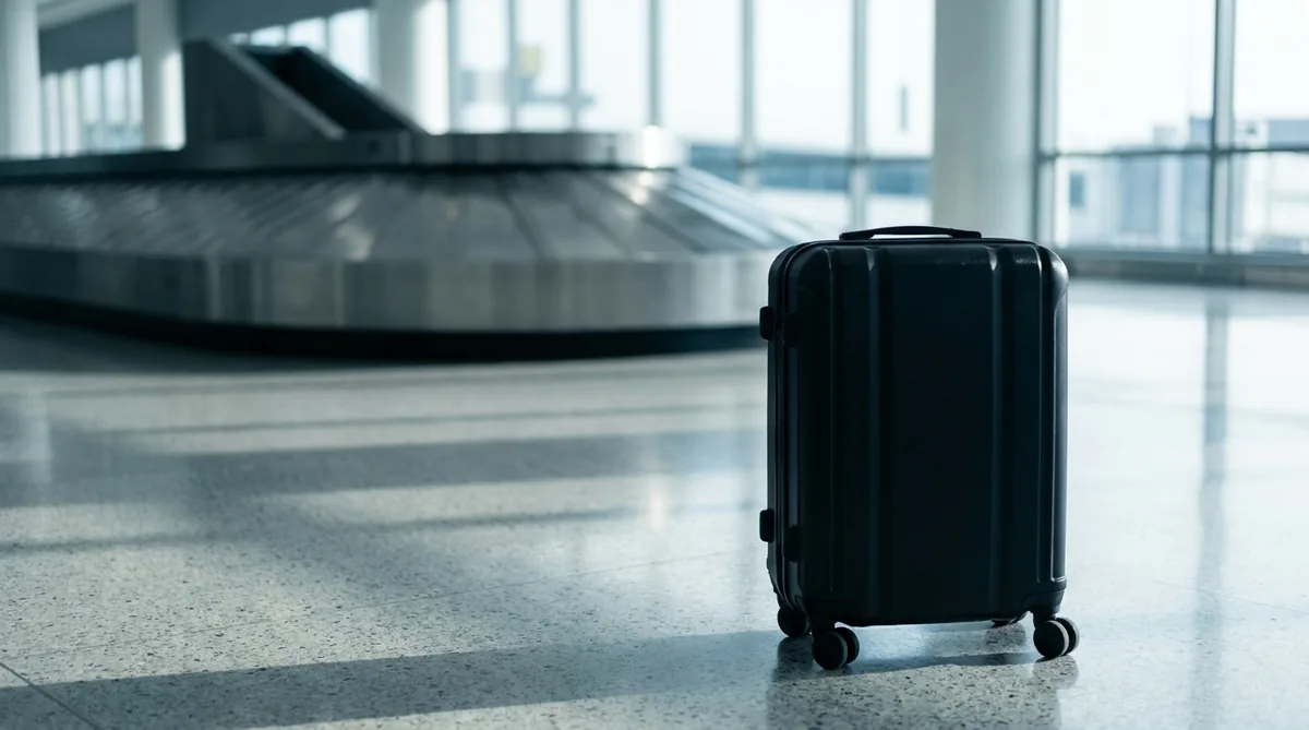 Una maleta rígida moderna de pie en una terminal de aeropuerto vacía, con la cinta de equipajes al fondo