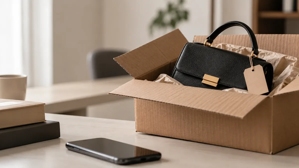 Un bolso de segunda mano con etiqueta dentro de una caja de cartón junto a un teléfono móvil sobre una mesa